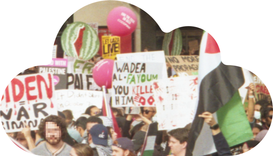 The logo of the book: a photo of the March on Washington for Gaza